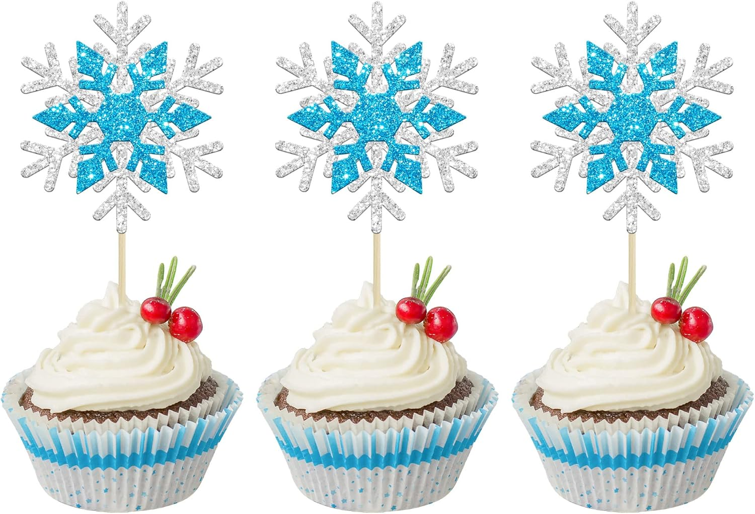 50Pcs Blue Edible Snowflake Cupcake Toppers Snowflakes Cake Topper Decorations for Christmas Winter Holiday Frozen Theme Babyshower Birthday Wedding Party Supplies