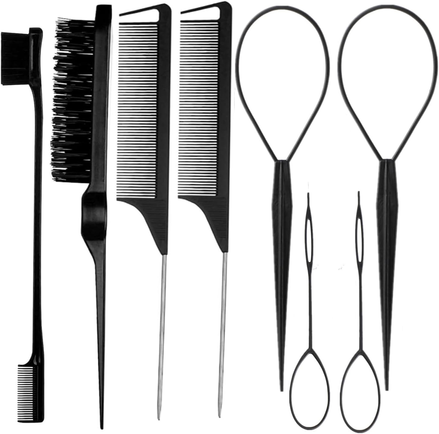 French Braid Loop Tool with Rat Tail Combs, 8Pcs Tail French Braid Loop Tool with Rat Tail Comb, Quick Hair Looping Braid Loop Ponytail Tail Tools for Girls and Women, Pink