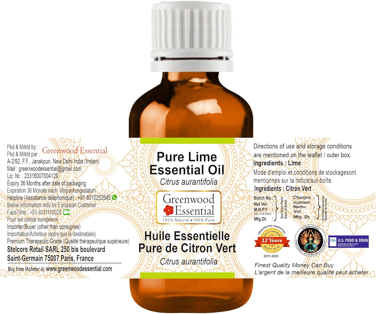 Greenwood Essential Pure Lime Essential Oil (Citrus Aurantifolia) Steam Distilled for Personal Care 10Ml (0.33Oz)