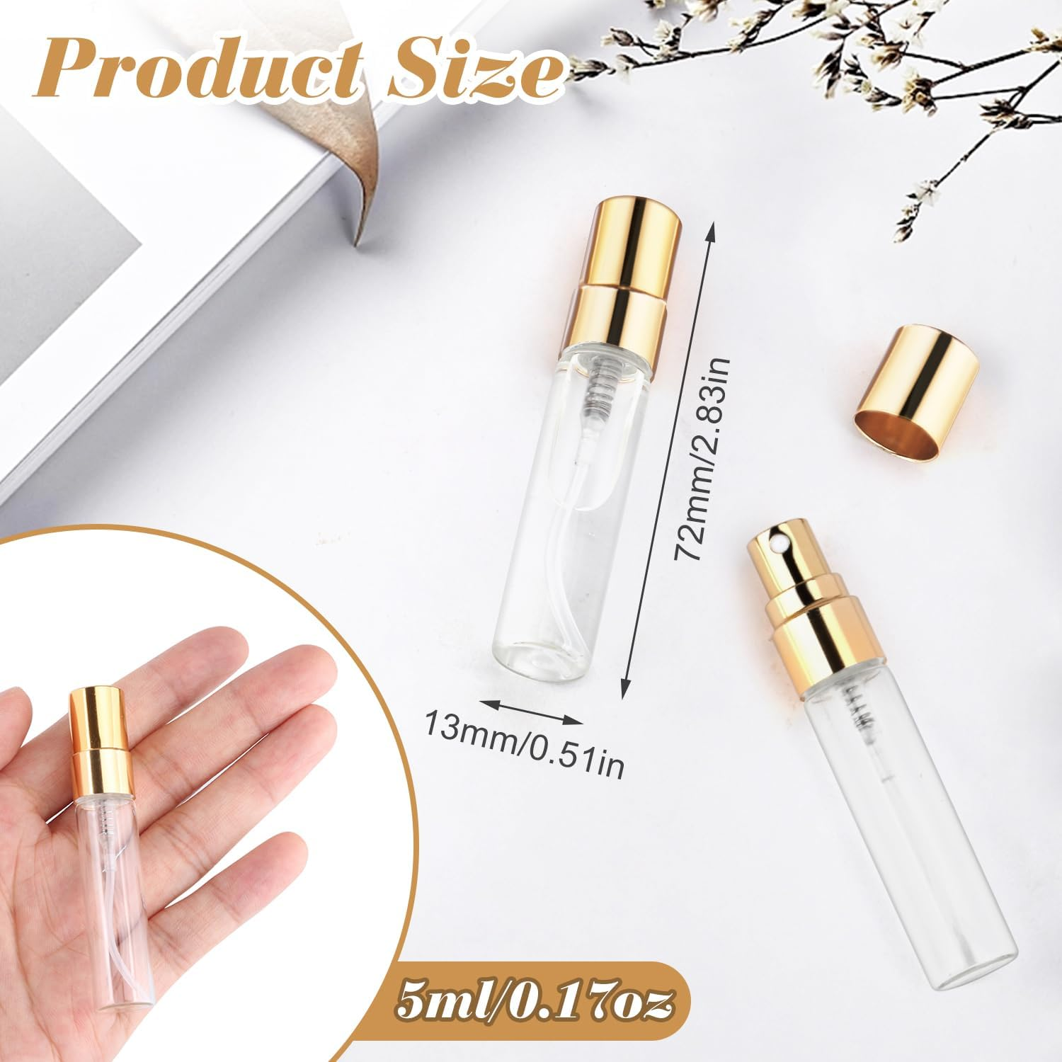 BOSMIOW 20Pcs 5Ml Clear Glass Mist Spray Bottle Refillable Mini Perfume Atomizer Empty Travel Sample Bottle with Golden Aluminized Nozzle Makeup Container for Perfume,Liquid,Air Fresheners image number 4