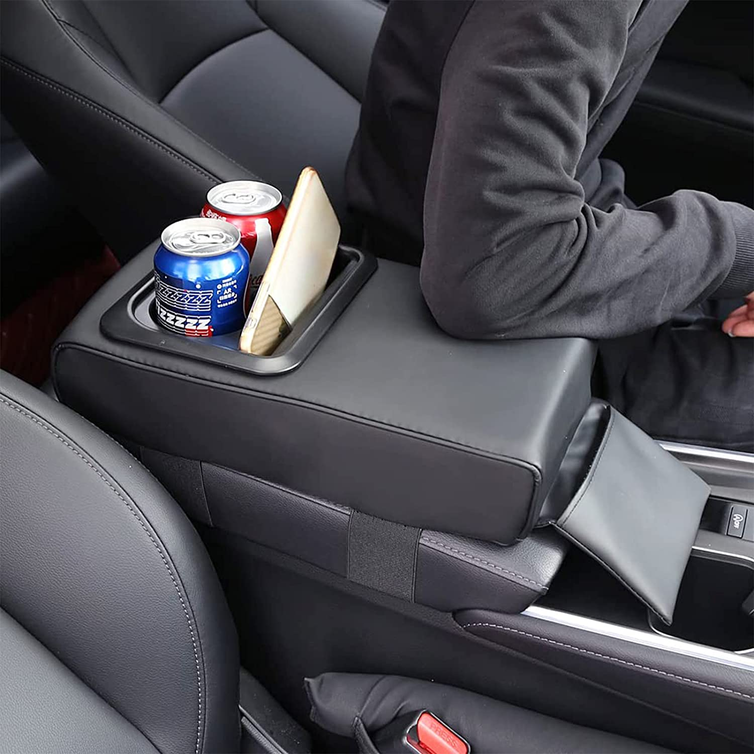 Car Armrest Box Cushion with Phone & Cup Holder, Universal Leather Center Console Armrest Cover Memory Foam Pillow with Bling Coaster, Auto Arm Rest Support Cushion Protector Interior Accessories image number 5