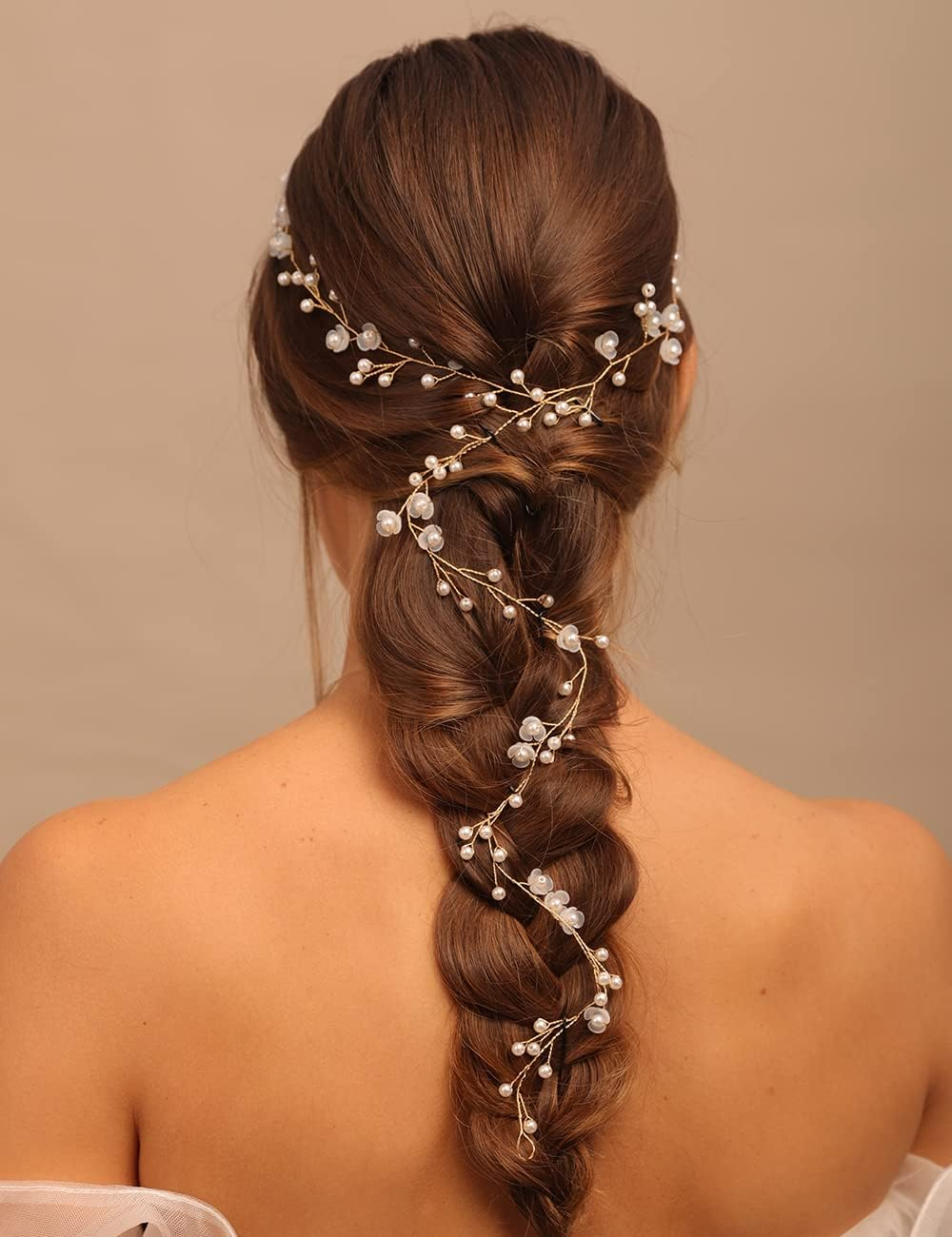Teyglen Wedding Hair Vine Bridal Long Headband Flower Pearl Beads Long Hair Vine Gold Silver Hair Pieces Hair Jewelry Hair Accessories for Women Girl (Gold) image number 3