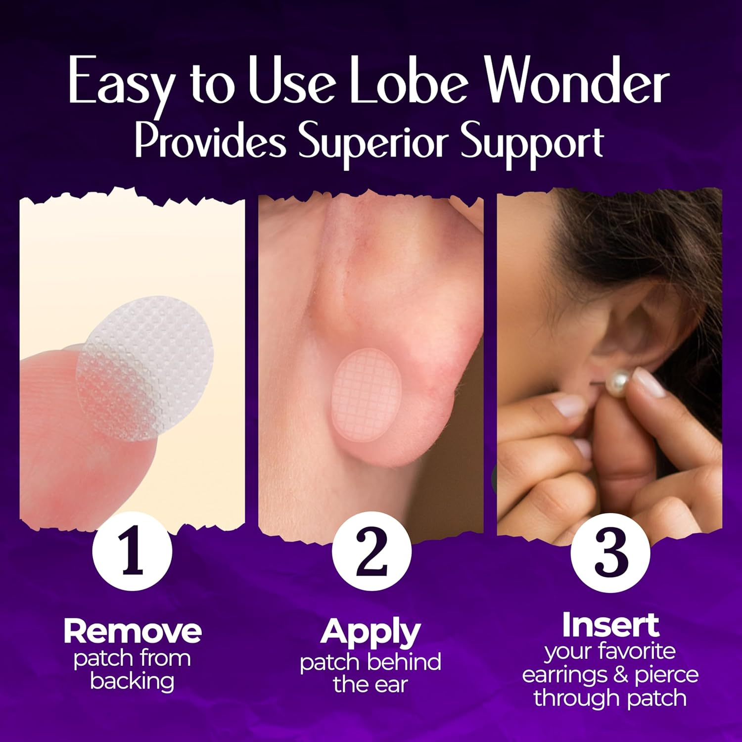 Lobe Wonder - the ORIGINAL Ear Lobe Support Patch for Pierced Ears - Eliminates the Look of Torn or Stretched Piercings - Protects Healthy Ear Lobes from Tearing - 60 Patches - Clear & Latex-Free image number 3