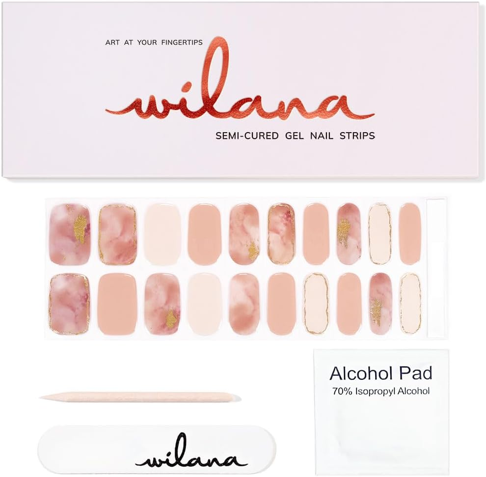Wilana Gel Nail Stickers - Long-Lasting Semi-Cured Gel Nail Strips - Pink Marble and Gold (Nude Quartz) image number 2