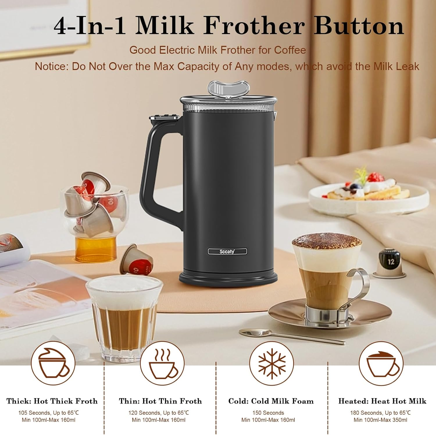 Milk Frother, Automatic Milk Foam Maker, Electric Milk Steamer, 4 Use Modes, Milk Warmer and Heater, Non-Stick Interior, Lower Noise, High-Quality Double Wall, Easy to Clean, Auto-Shut Off image number 4