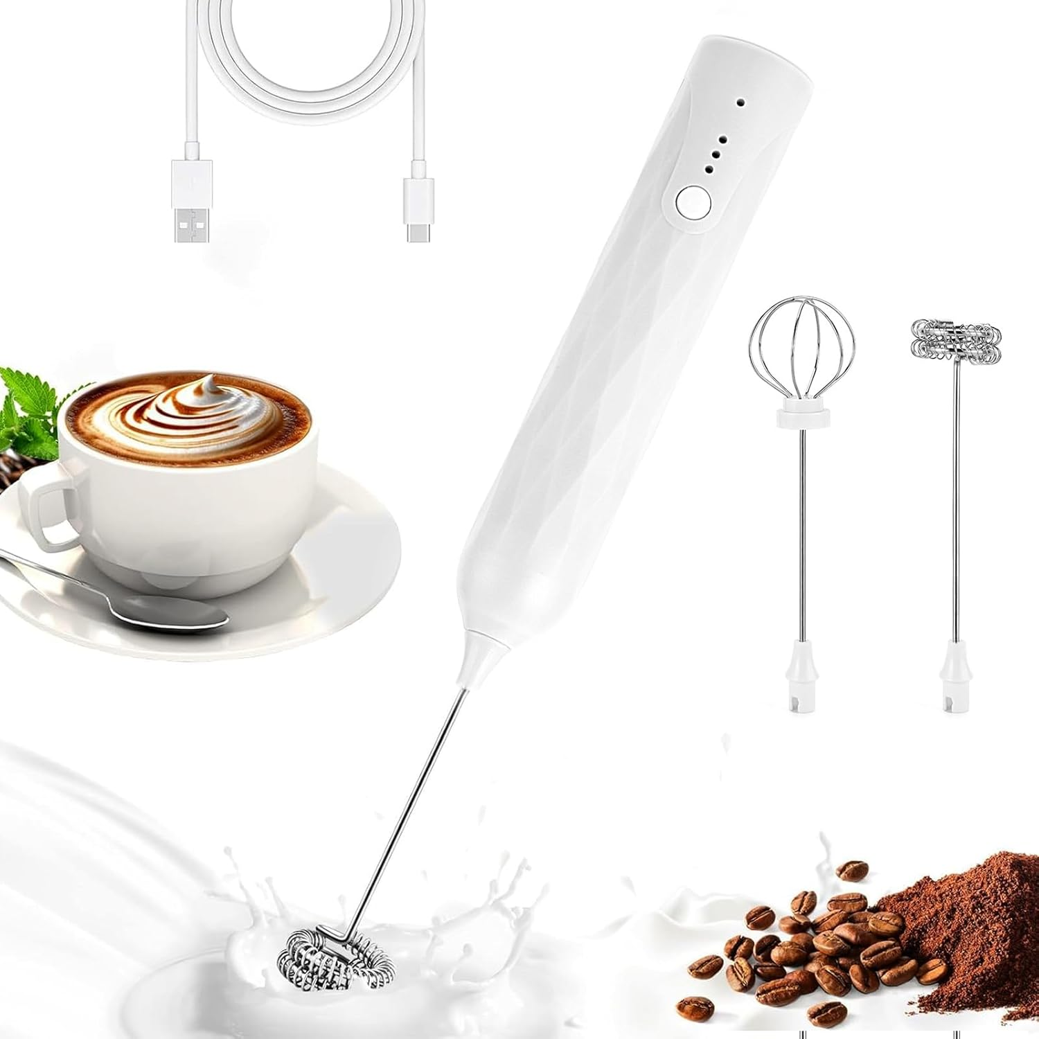Milk Frother Handheld, Coffee Frother Rechargeable Electric Whisk with 2 Stainless Steel Whisks, 3 Gear Adjustable Drink Mixer Milk Foamer for Cappuccino Latte Coffee Hot Chocolate