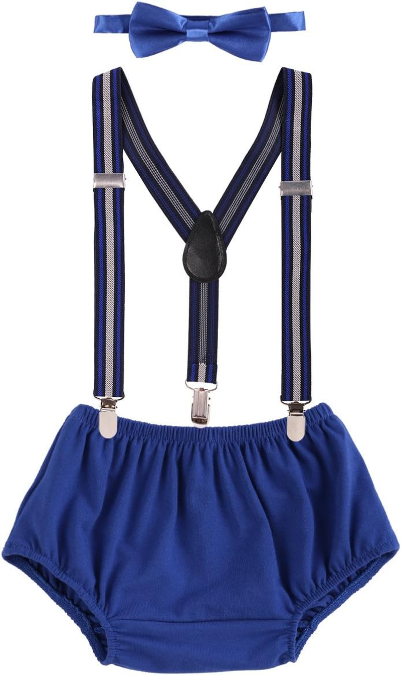 Baby Boys Cake Smash Outfit First Birthday Bloomers Bowtie Suspenders Clothes Set
