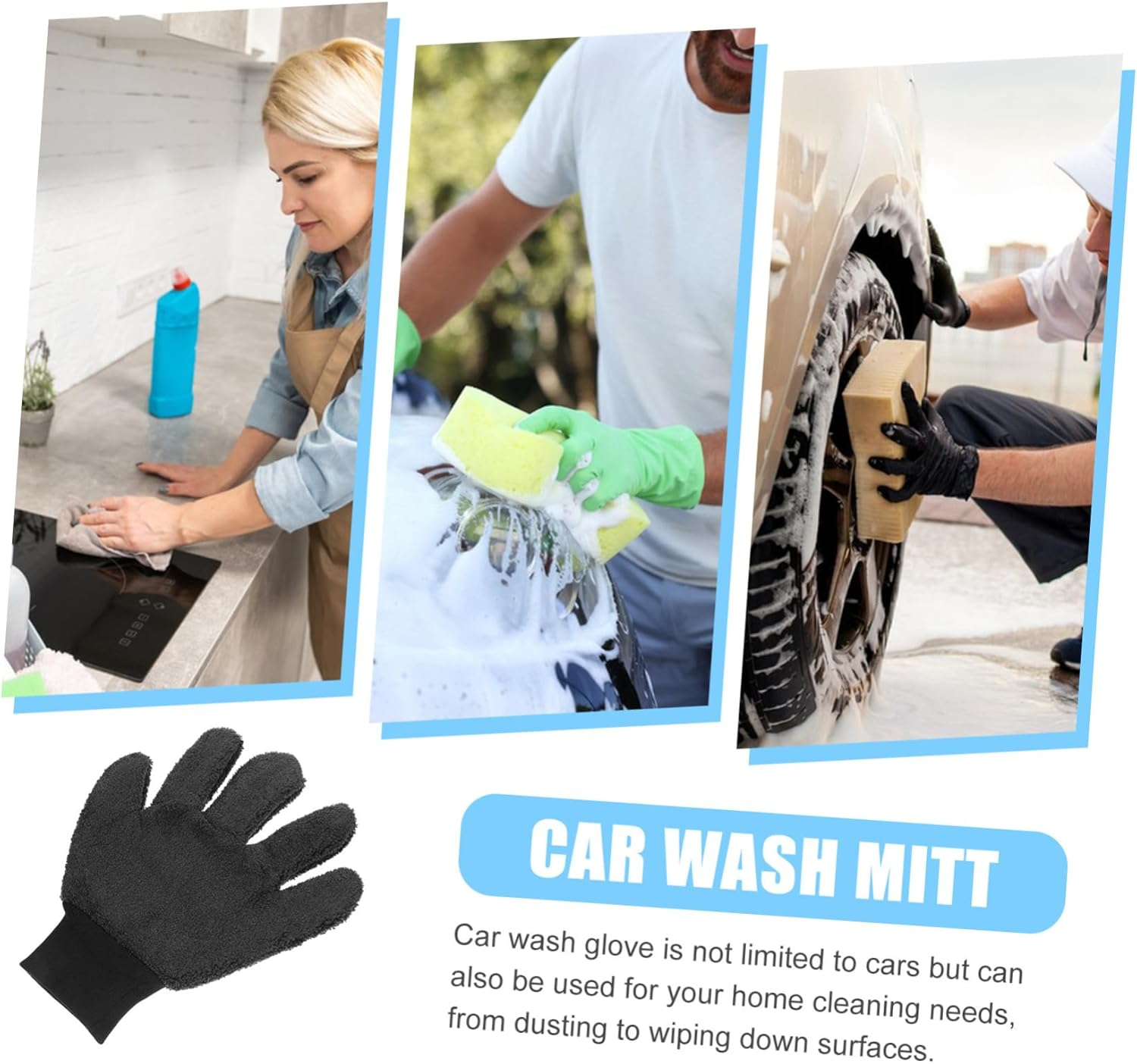 CVUTOVO Car Washing Glove Double-Sided Coral Fleece Wash Mitt 5-Finger Thickened Microfiber Dusting Mitt for Vehicle Exterior Cleaning Black Suitable for Automotive Detailing image number 6