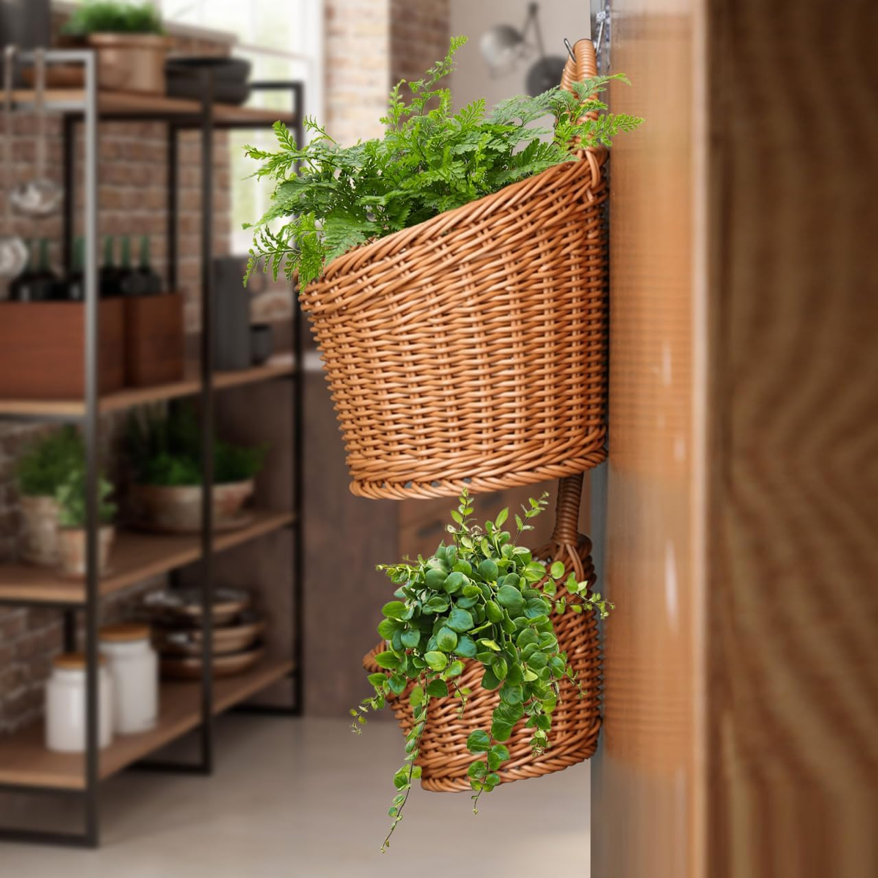 2Pcs Small Hanging Storage Baskets Plastic Pantry Wicker Woven Baskets Wall Mount Basket with Hook Decorative for Organizing Easter Egg Brown image number 1