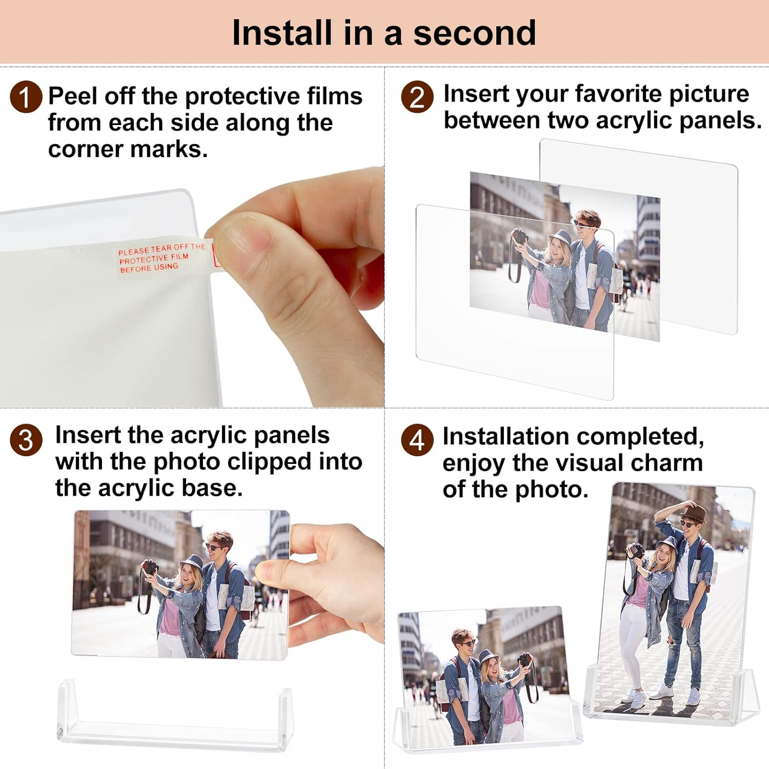 Boxalls 2 Pack Acrylic Picture Frames 6X8 with Clear Base Stand, Frameless Photo Frame for Tabletop or Desktop Display (Horizontal + Vertical) image number 1