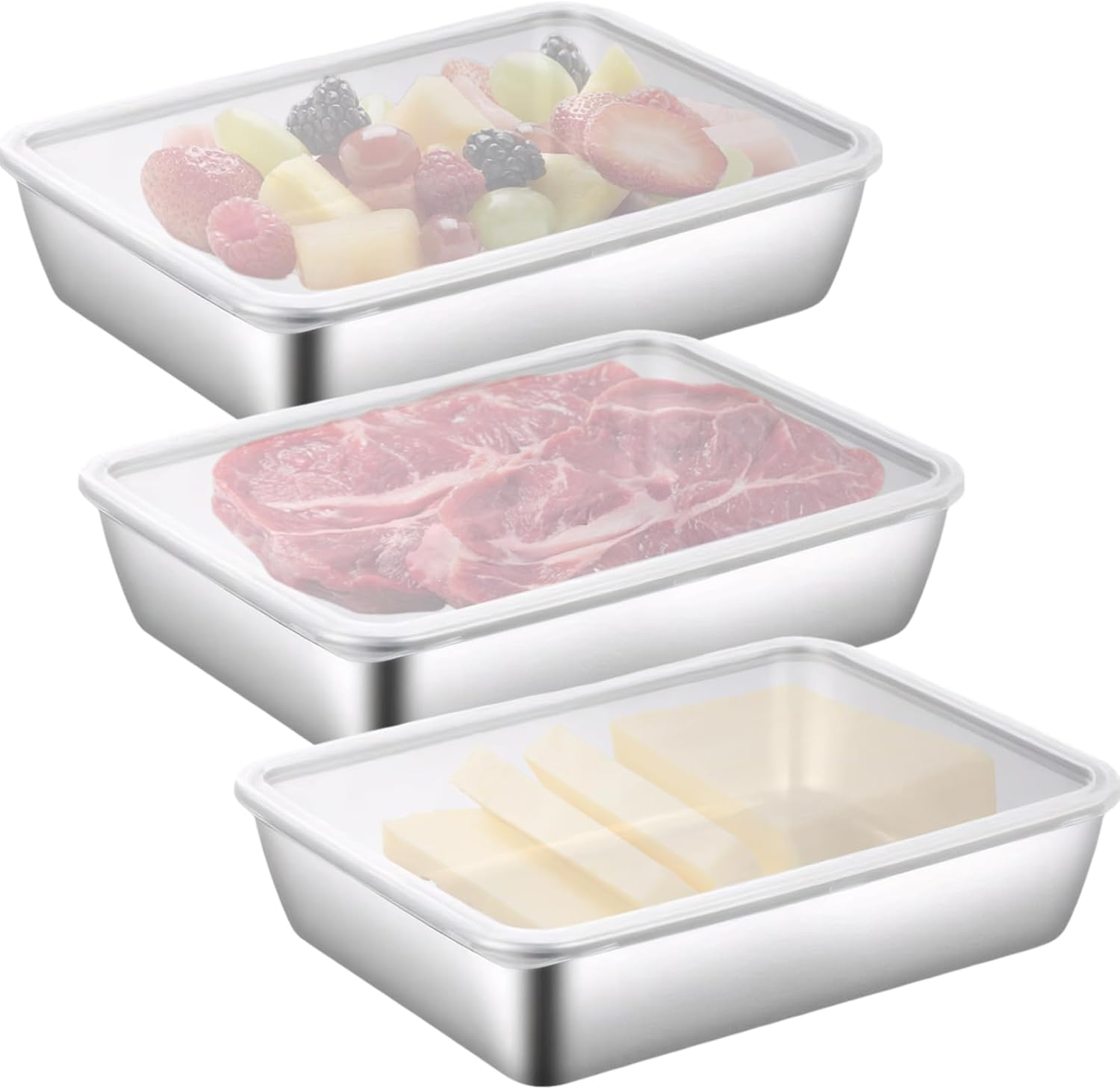 3 Pieces Stainless Steel Crisper Box, Refrigerator Crisper Food Storage Boxs, Food Containers Sets with Plastic Lid, Storage Boxs, Cold Cuts Box Fresh, Refrigerator Organizer image number 5