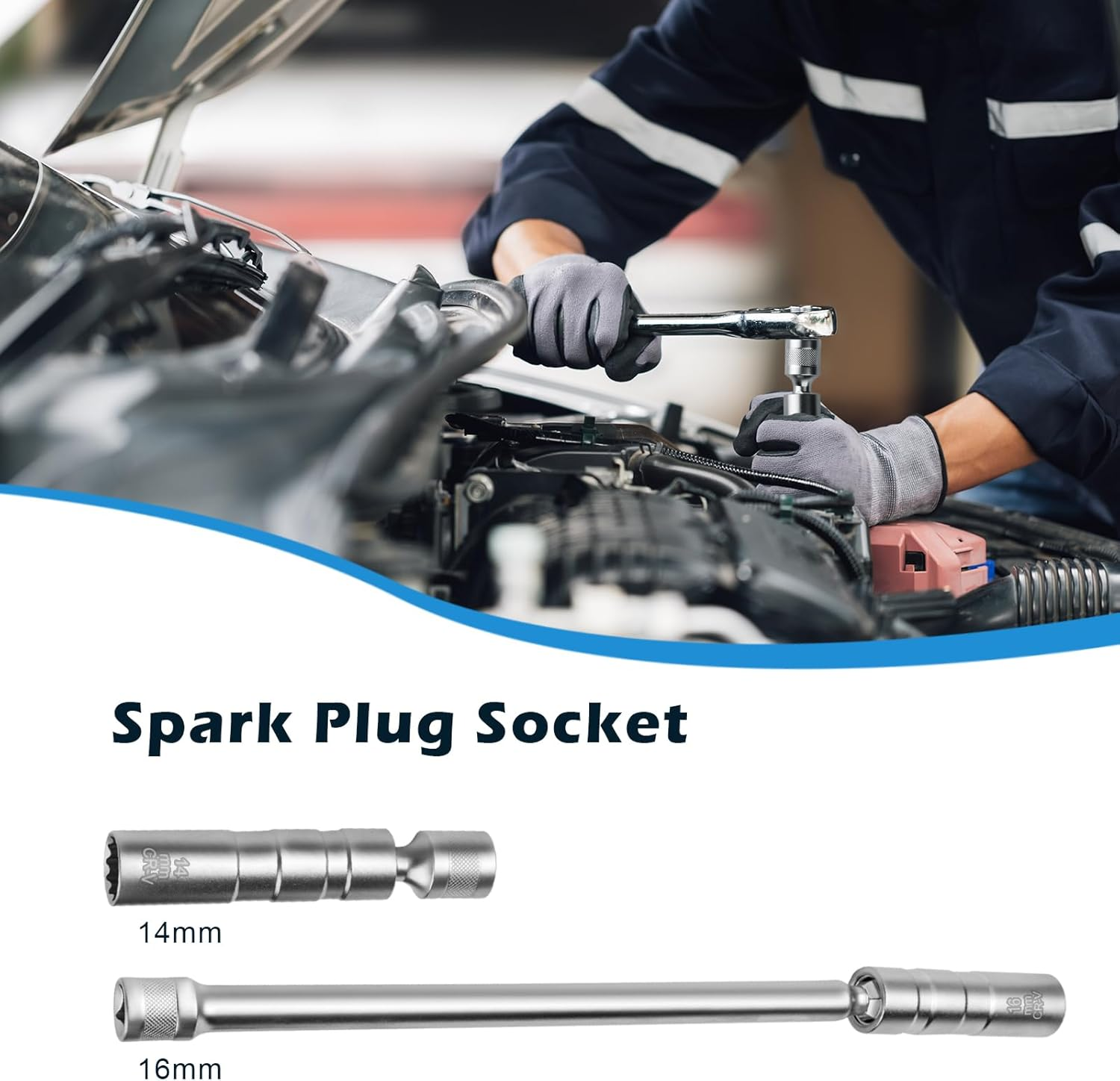 2PCS Spark Plug Socket 16Mm and 14Mm, Magnetic Universal Spark Plug Socket with Long Handle, 360&deg; Swivel Rotating 3/8" Drive Spark Plug Wrench Tools for Removal Repair Motorcycles, Cars image number 6