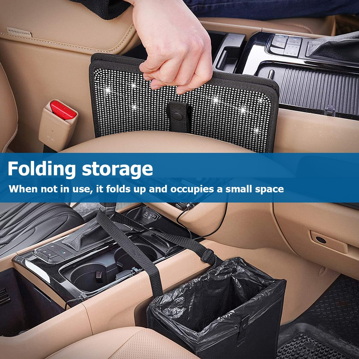 BELOMI Car Foldable Trash Can, Bling Rhinestone Crystal Auto Hanging Waterproof Leakproof Garbage Bin, Vehicle Waste Basket Dustbin, Multipurpose Car Organizer Accessories for SUV Truck RV (Black) image number 4