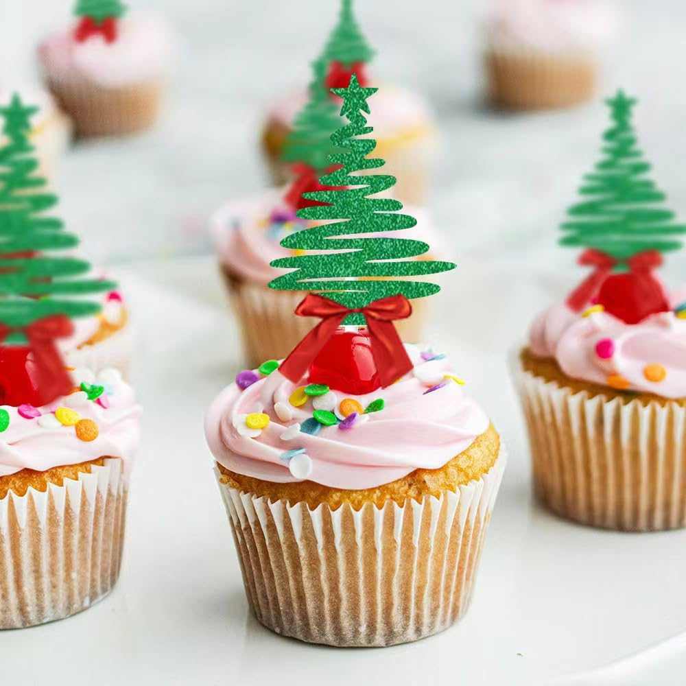 10Pcs Christmas Tree Flag Cupcake Decorations, Christmas Themed Party Birthday Cake Decorations。