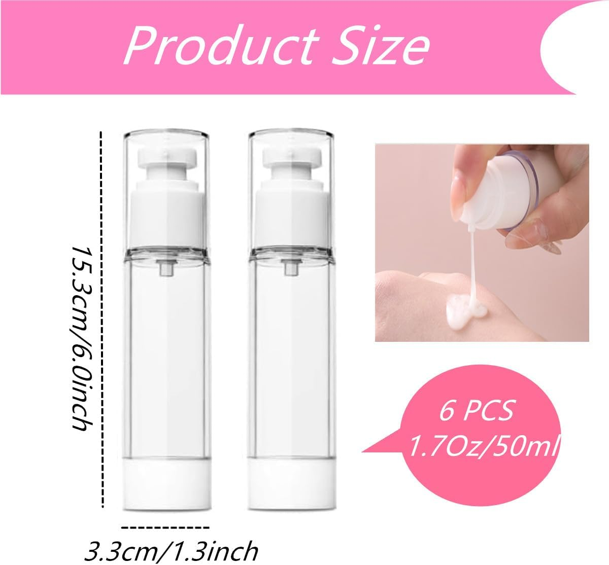 1.7 Oz 50Ml Empty Airless Pump Bottles,Lotion Shampoo Cosmetics Travel Bottles,Dispenser Refillable Containers,For Business Trips and Travels (Pack of 6,Clear) image number 6