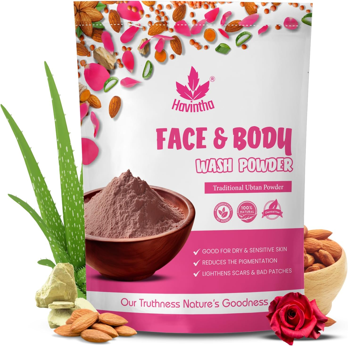 Havintha Natural Face and Body Wash Powder for All Skin Types - 227 Gm image number 3