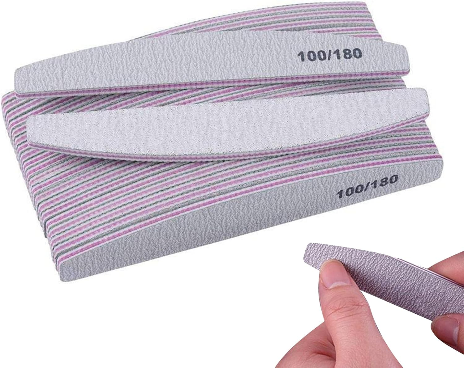 Nail Files, 12 Pcs Double Sided Nail File, Curved Fingernail Files, 100/180 Grit Emery Board Manicure Tools for Natural and Acrylic Nails for Home and Salon Use (Color:Grey) image number 3