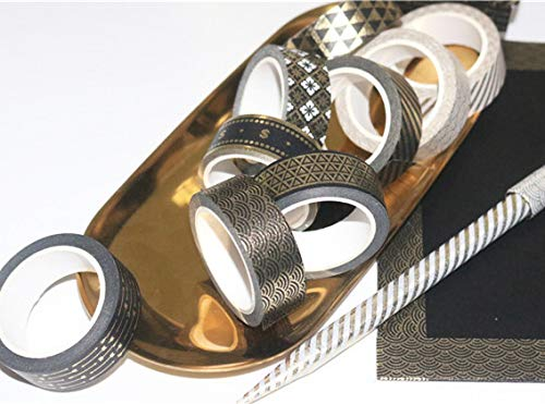 Washi Tape Set Black Gold Foil Print Decorative Masking Tape for Arts and DIY Crafts, Scrapbooking, Bullet Journal, Planner, Gift Wrapping, Holiday Decoration (9 Rolls/Unit) - Black image number 2