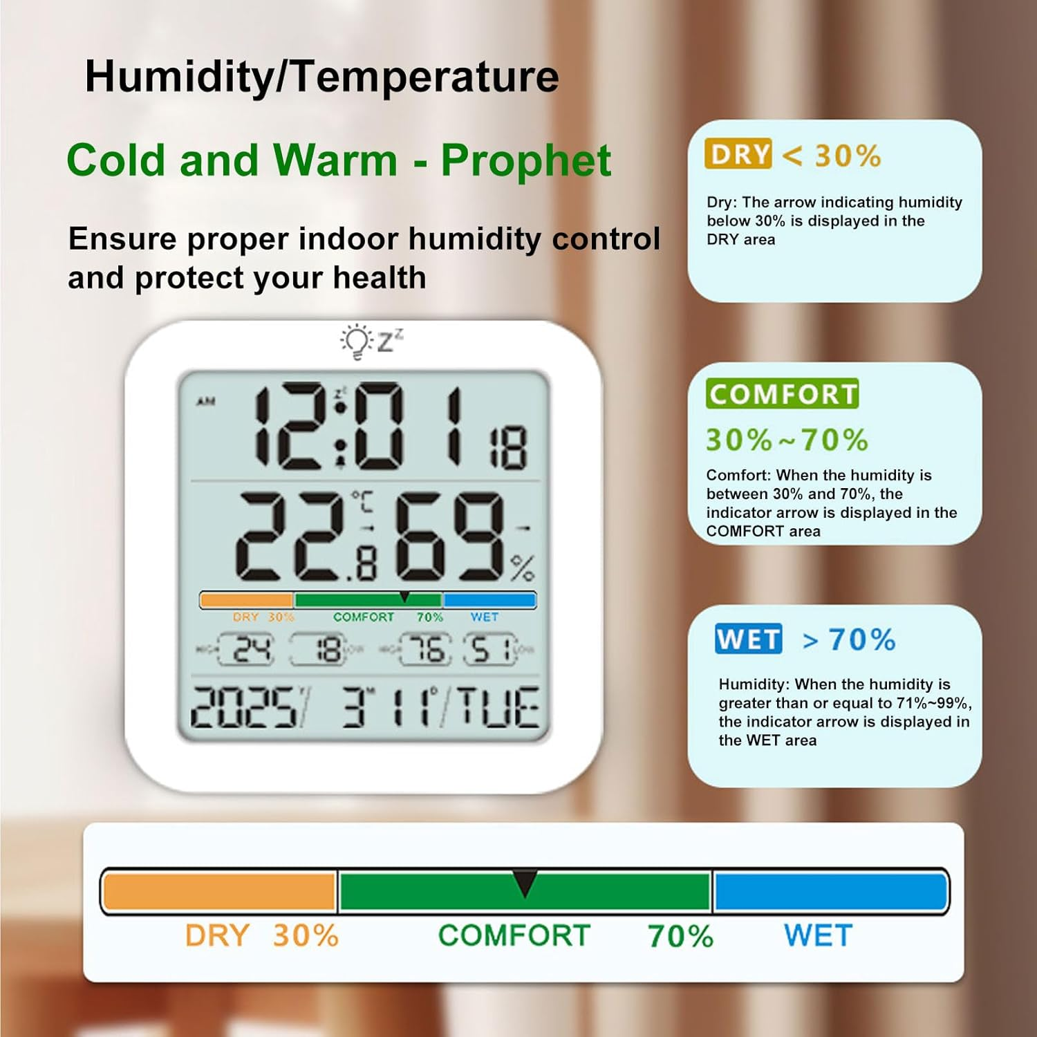 Digital LCD Hygrometer Thermometer Clock with Backlight for Home Temperature Monitoring image number 5