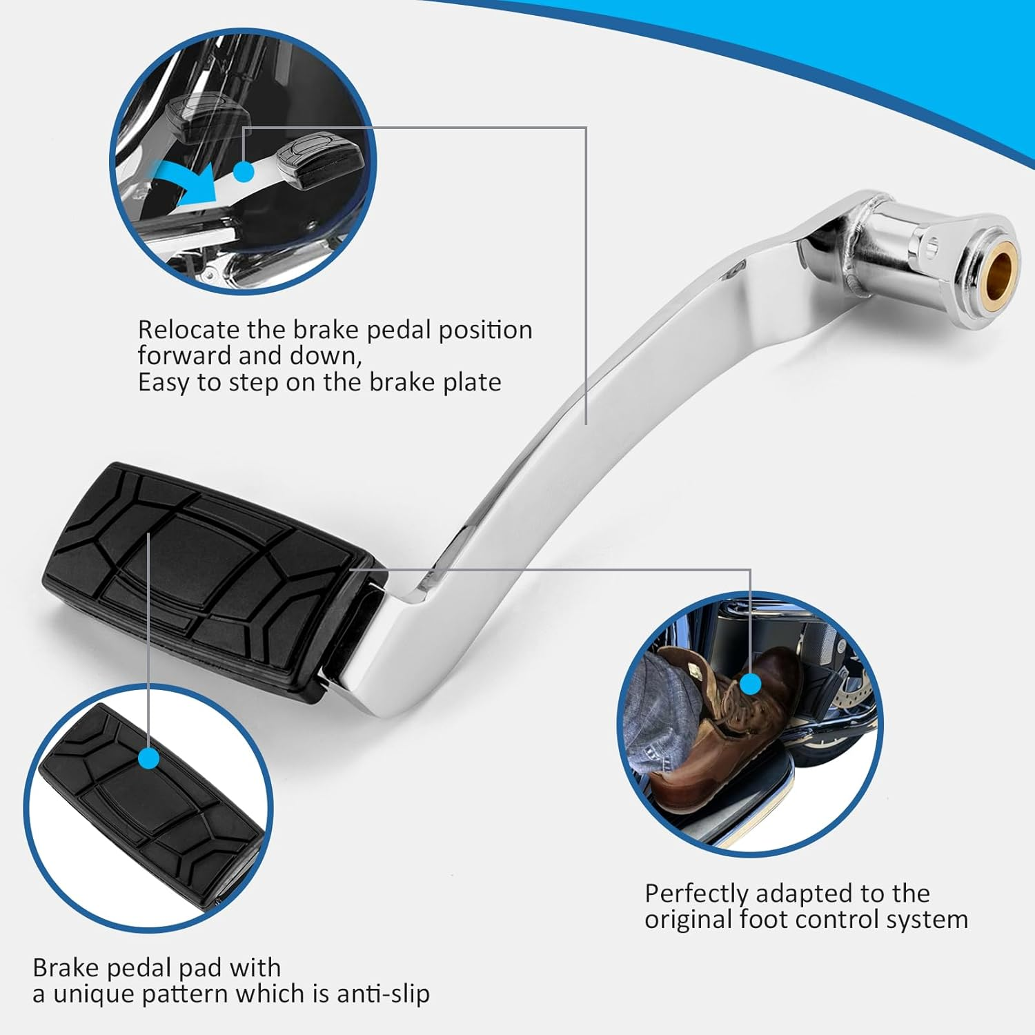 Wsays Chrome Motorcycle Foot Control Component Extended Brake Pedals Compatible with Harley 1997-2007 Touring & 1987-2017 FL Softail Models image number 1