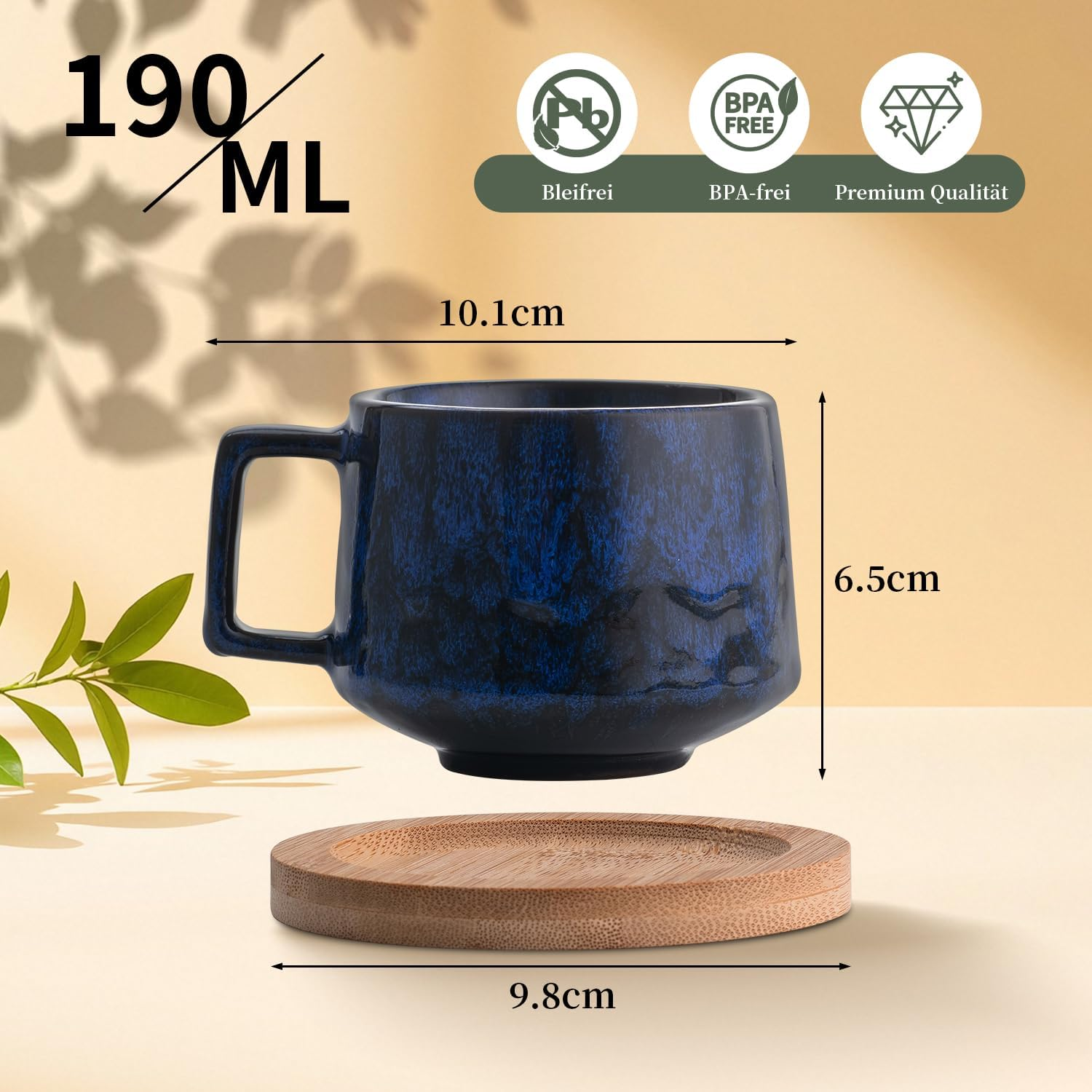 Set of 4 Espresso Cups, 190 Ml Cappuccino Cups with Wooden Saucers, Coffee Cups with Saucers, Stoneware Cups for Coffee, Americano, Latte, Cafe, Mocha and Tea (Beige + Cyan + Dark Blue + Dark Green) - 2, Beige + Cyan image number 2
