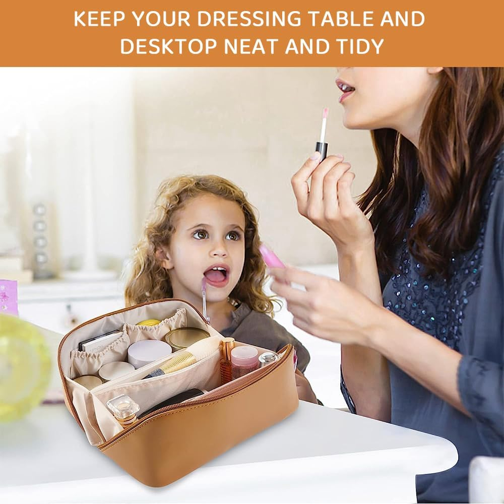 RUTREZOGO Large Capacity Travel Cosmetic Bag &ndash; Waterproof PU Leather Makeup Bag with Handle and Divider, Multifunctional Portable Storage for Skincare, Toiletries, and Cosmetics (Coffee) image number 5