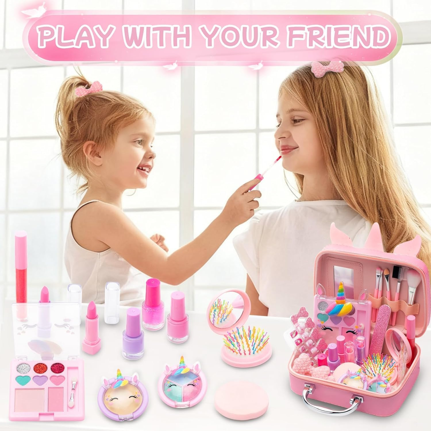 Kids Nail Polish & Makeup Kit for Girls - Washable, Non Toxic Pretend Play Toy Gift for Ages 3-12 | Girl Toys & Beauty Set (Pink) image number 1