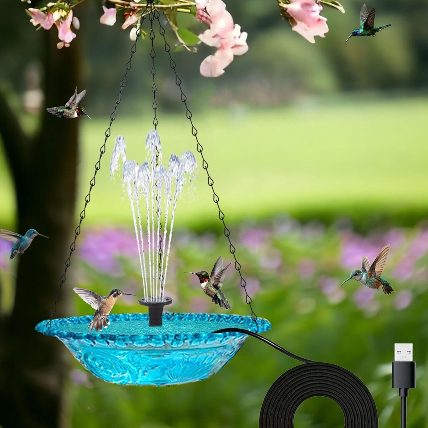 Hanging Bird Bath, Bird Bath Bowl with Fountain USB Powered, Hummingbird Bath Fountain for Outdoor Garden Backyard - Blue image number 1