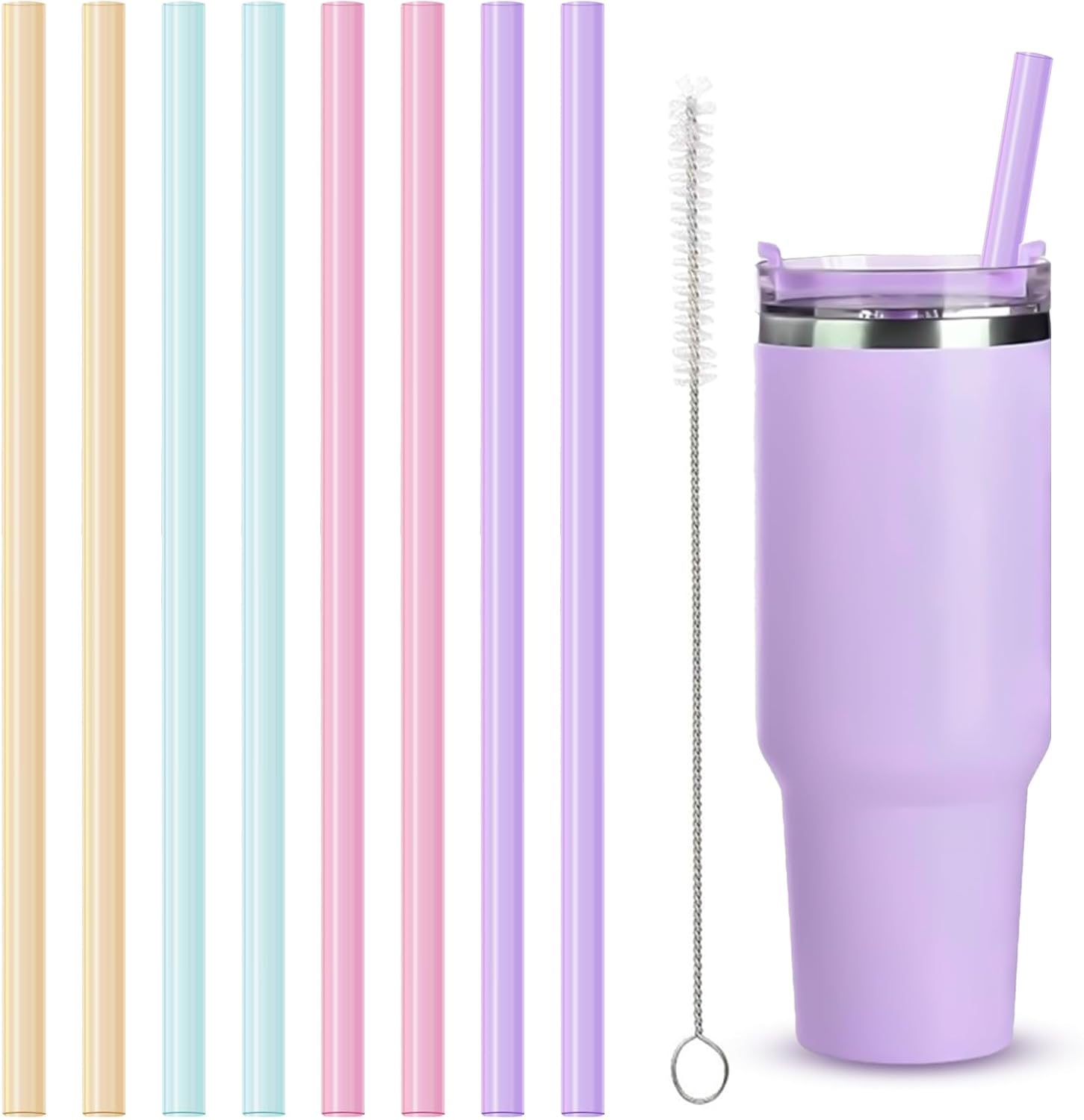 8Pcs Plastic Replacement Straw for Stanley Cap, Straw Brush Easy to Clean Water Bottle Reusable Clear Straws, Long Plastic Straws Thick for 30Oz/40Oz(8 Pack with 2 Brush)