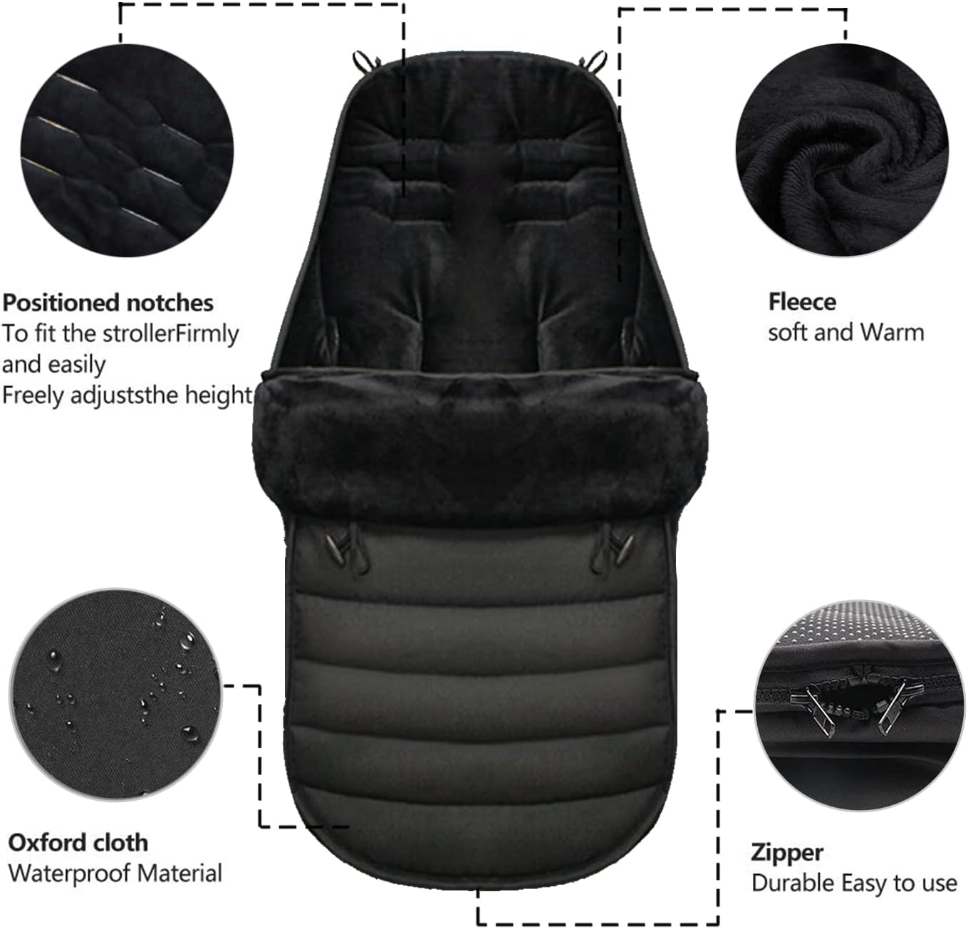 Footmuff, Universal Footmuff for Pushchair Waterproof and Windproof Fleece Lined Stroller Pram, Black