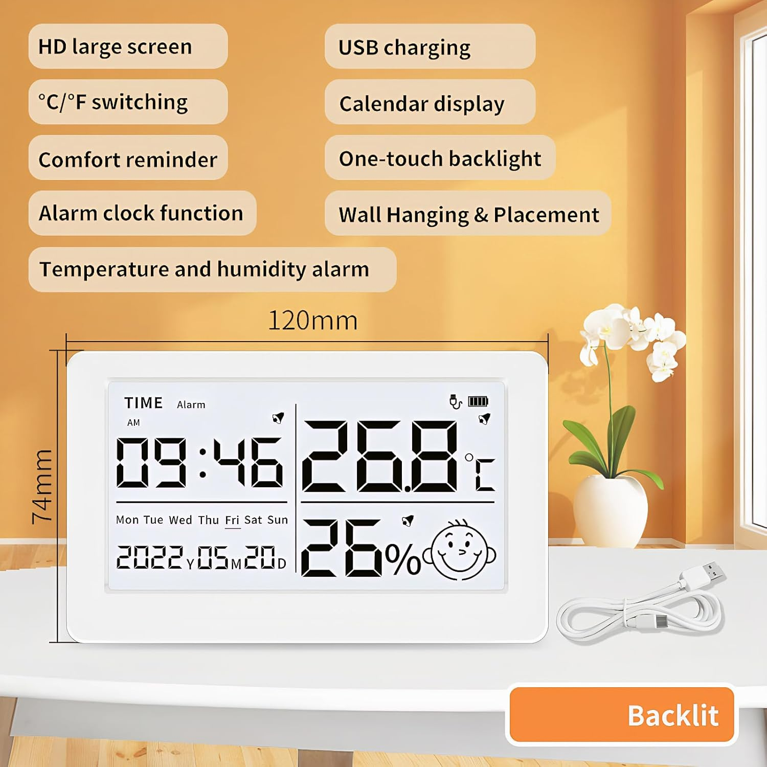 Mengshen Digital Hygrometer Rechargeable Indoor Thermometer with Alarm Clock Date Display Comfort Level Icons for Home Baby Room Wall/Mountable image number 3