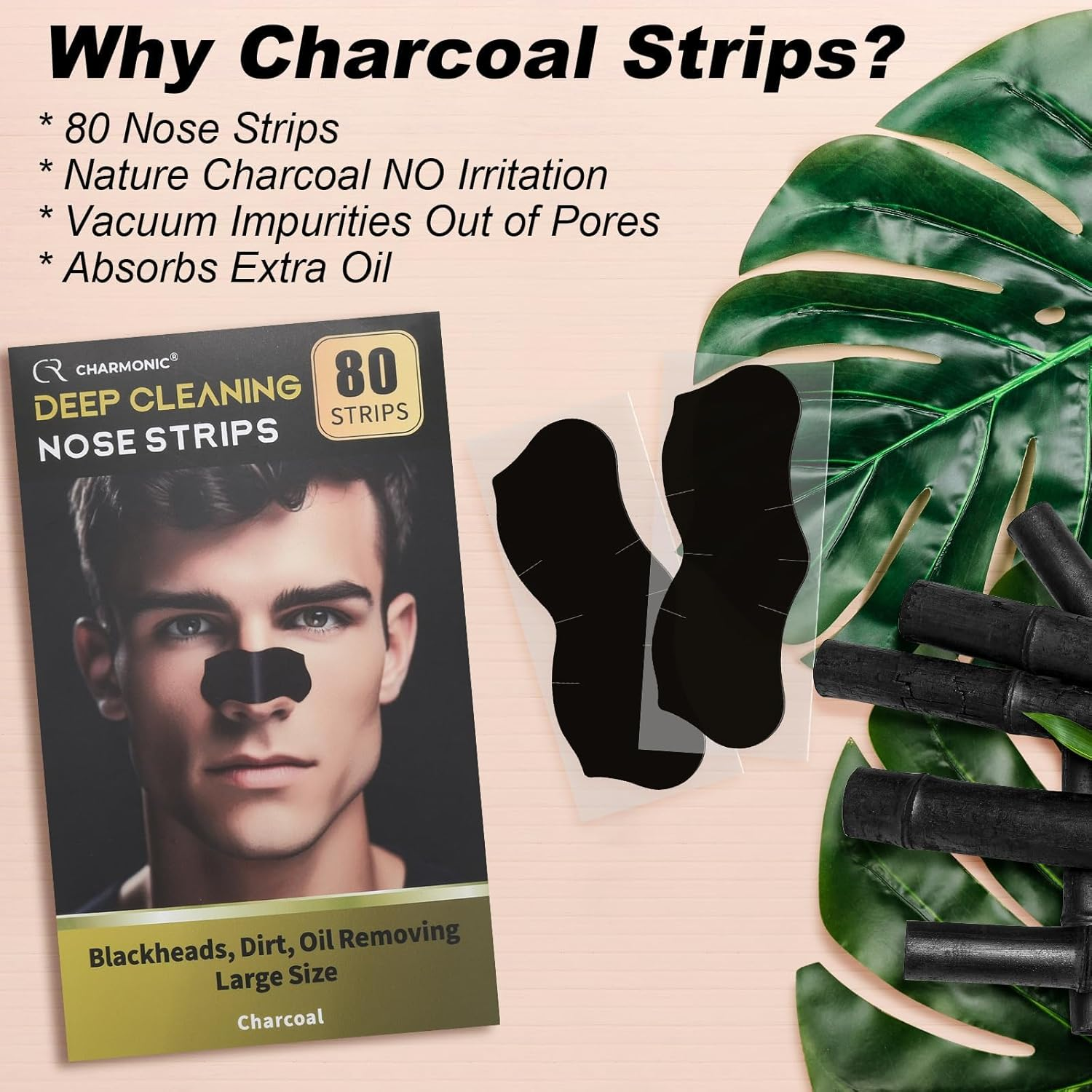 Blackhead Remover Pore Strips, Black Head Remover for Face, Natural Charcoal Nose Strips for Pore Cleaner, Large Size Nose Pore Strip for Men Women for Oil Blackheads & Whiteheads Remover (80 Pcs) image number 3