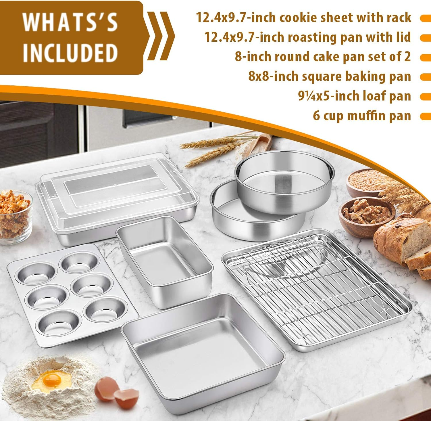 E-Far Stainless Steel Baking Pan Set, 9-Piece Bakeware Sets for Cake Cookie Loaf Muffin, Include Round, Square, Rectangle Baking Sheet Pan with Lid & Cooling Rack, Dishwasher Safe image number 6