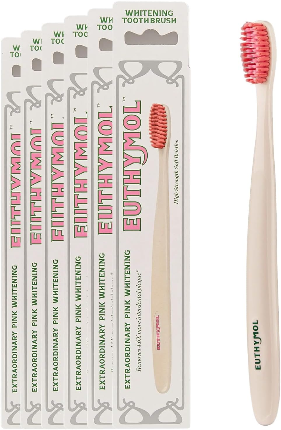 Euthymol Whitening Toothbrush (White, 6 Count) - Premium Soft Dual-Tension Bristles. Advanced Plaque Removal, Stain Reduction.