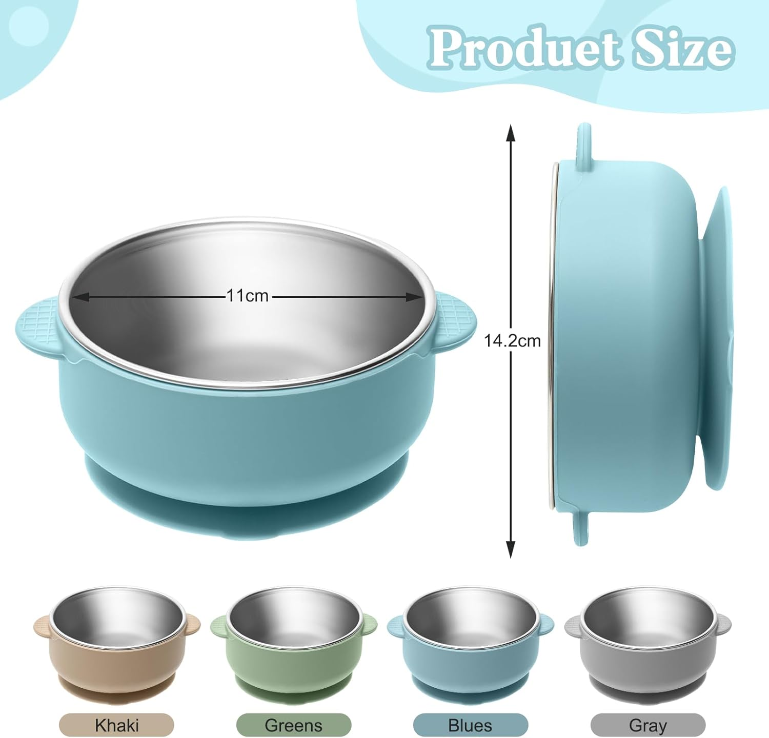 MR.TIMELAG Stainless Steel Baby Silicone Bowls - Double Ear Bowl Four Pack - Unbreakable, Non-Slip and Removable Silicone Base, anti Scald Food Container for Baby Food Feeding image number 3