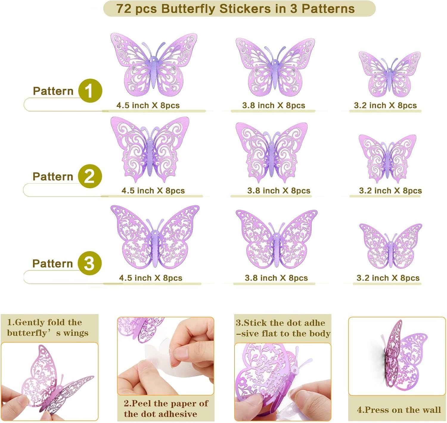 Quhoxdye 72 Pcs Gold Butterfly Decorations - 3 Sizes, 3 Styles, 3D Wall Decor for Parties, Birthdays & Crafts,Butterflies for Crafts, Bouquet, Cake Decorating, Flower Arrangements, (Purple) - Purple image number 6