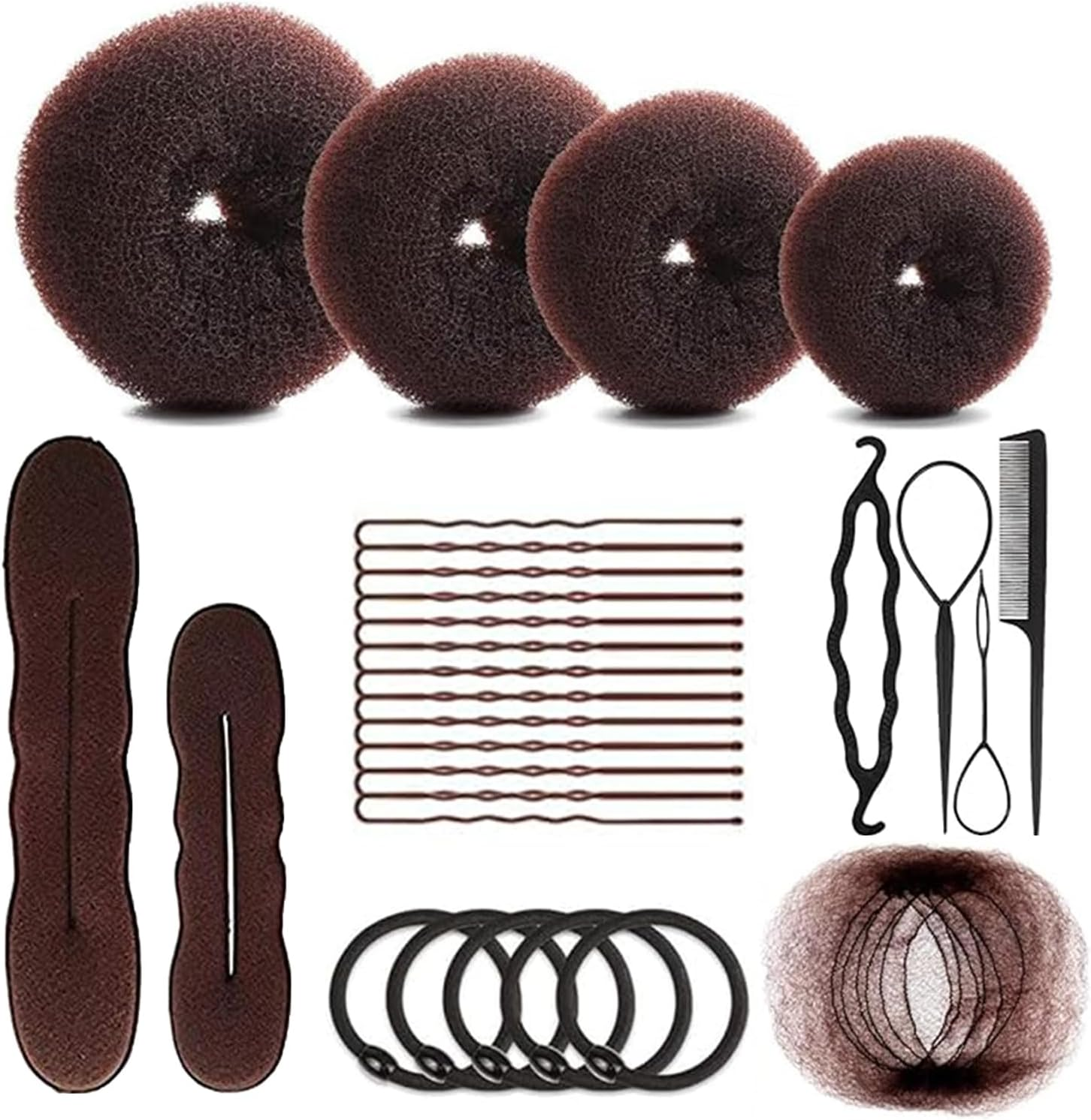 Hair Bun Maker Set, Includes 20 Invisible Hair Nets, 4 Dark Brown Hair Donut Bun Making Kit, 5 Hair Elastics, 20 Hair Clips, 4 Ponytail Hair Tools and 2 Foam Sponge Buns image number 1