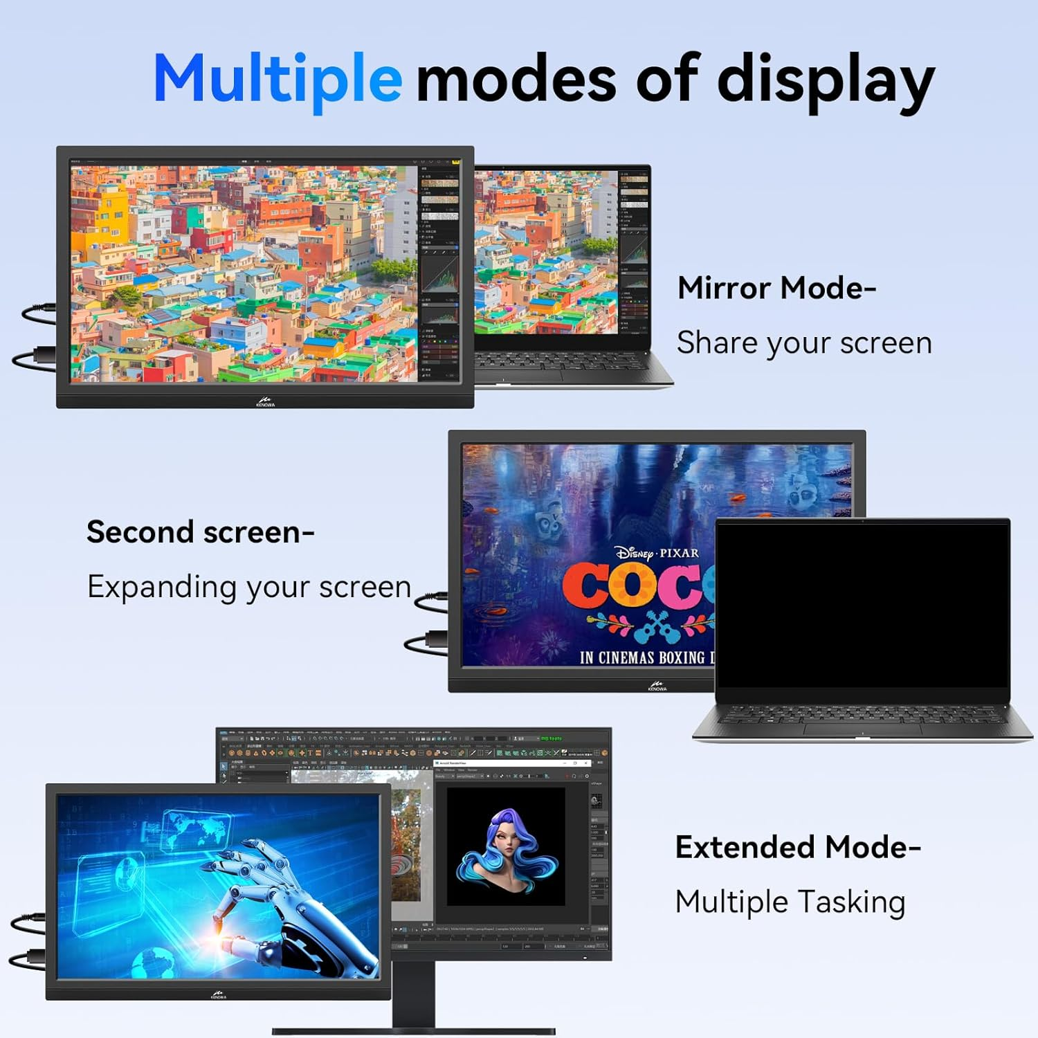 USB-C Portable Monitor - 17.3 Inch Kenowa HD 1600 * 900 Laptop Monitor with Type-C HDMI Computer Display for Win 7/8/10/11 PC Mac PS4 Xbox,Built in Speakers image number 6