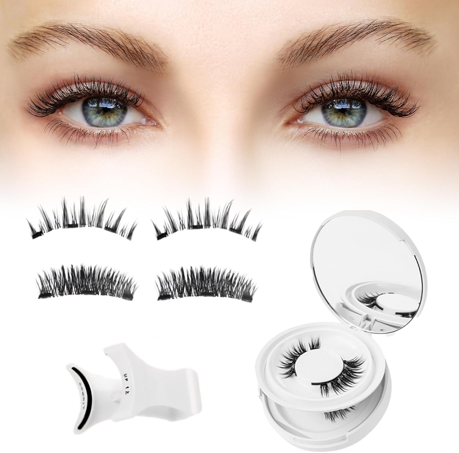 SSKHE Natural Magnetic-Eyelashes Kit with Applicator,2 Pairs Reusable Lashes Kit with Applicator,Easy to Wear and Remove,No Glue Needed