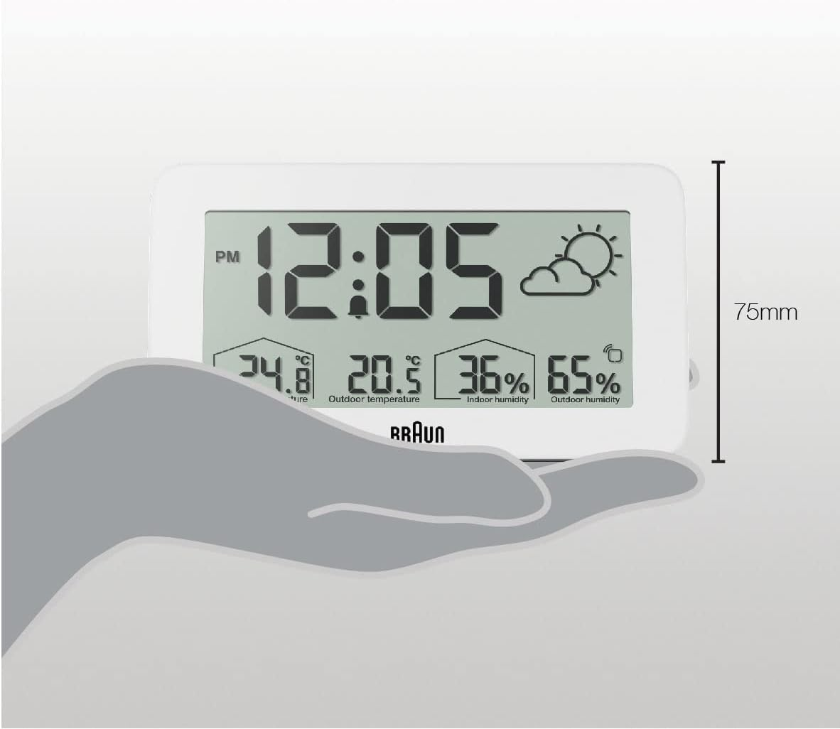 Braun Digital Weather Station Clock with Indoor and Outdoor Temperature and Humidity, Forecast, LCD Display, Quick-Set, Crescendo Beep Alarm in White, Model BC13WP. image number 4
