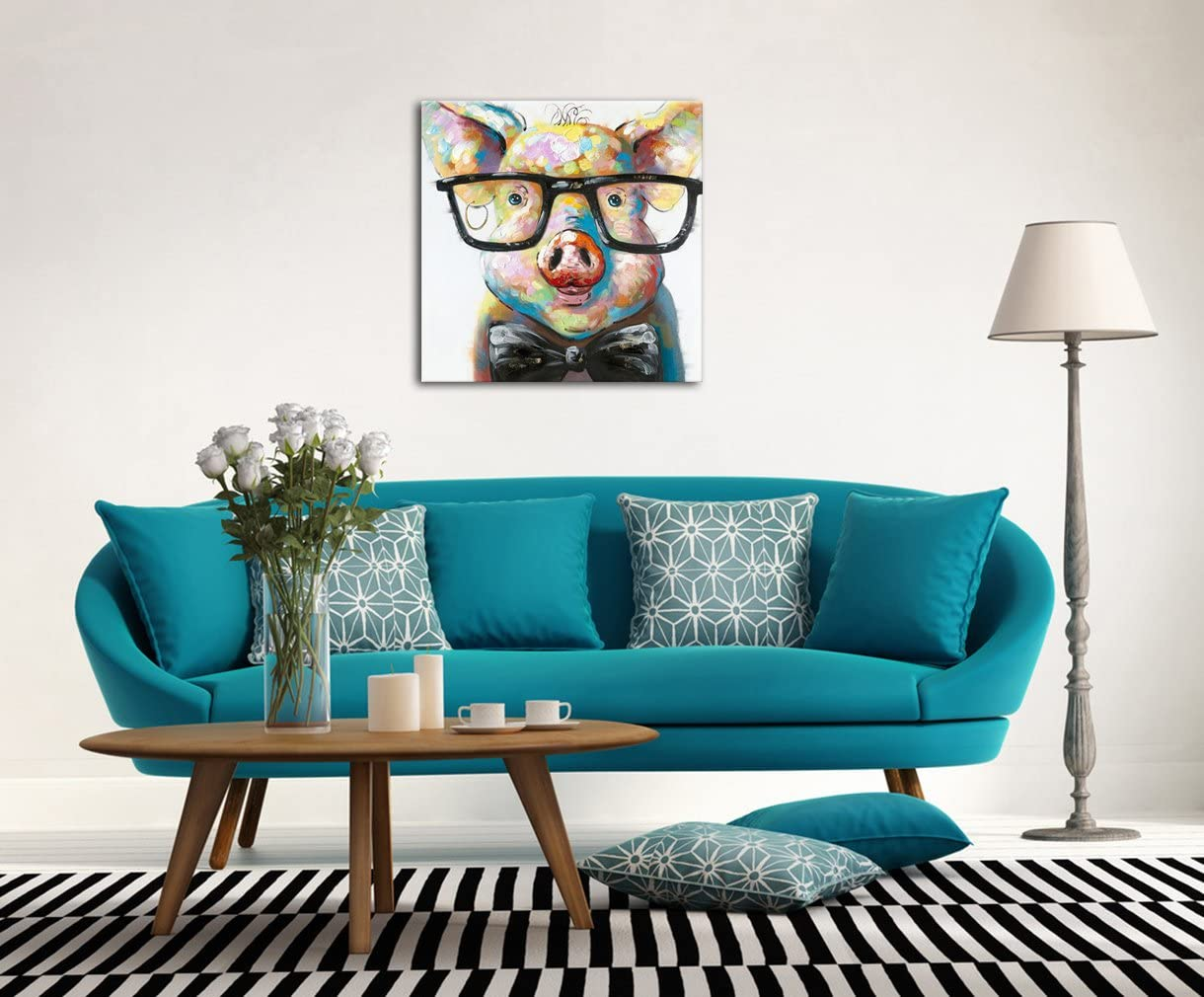 Muzagroo Art Cut Pig with Glasses Paintings for Living Room Hand Painted Oil Paintings with Raised Texture on Canvas Wall Art Stretched Ready to Hang (24X24Inches) image number 1