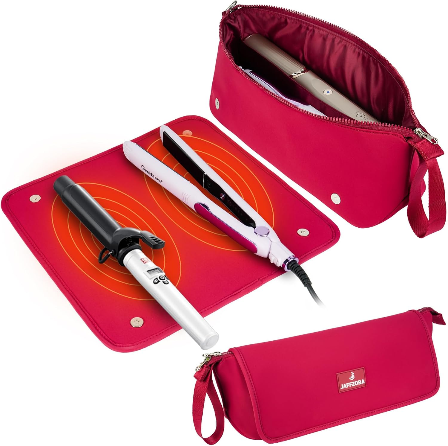 Hair Tools Travel Bag with Heat Resistant Mat and Lining, Portable 2 in 1 Hair Storage Bag for Curling Iron, Flat Irons, Straighteners and Haircare Accessories(Red) image number 5