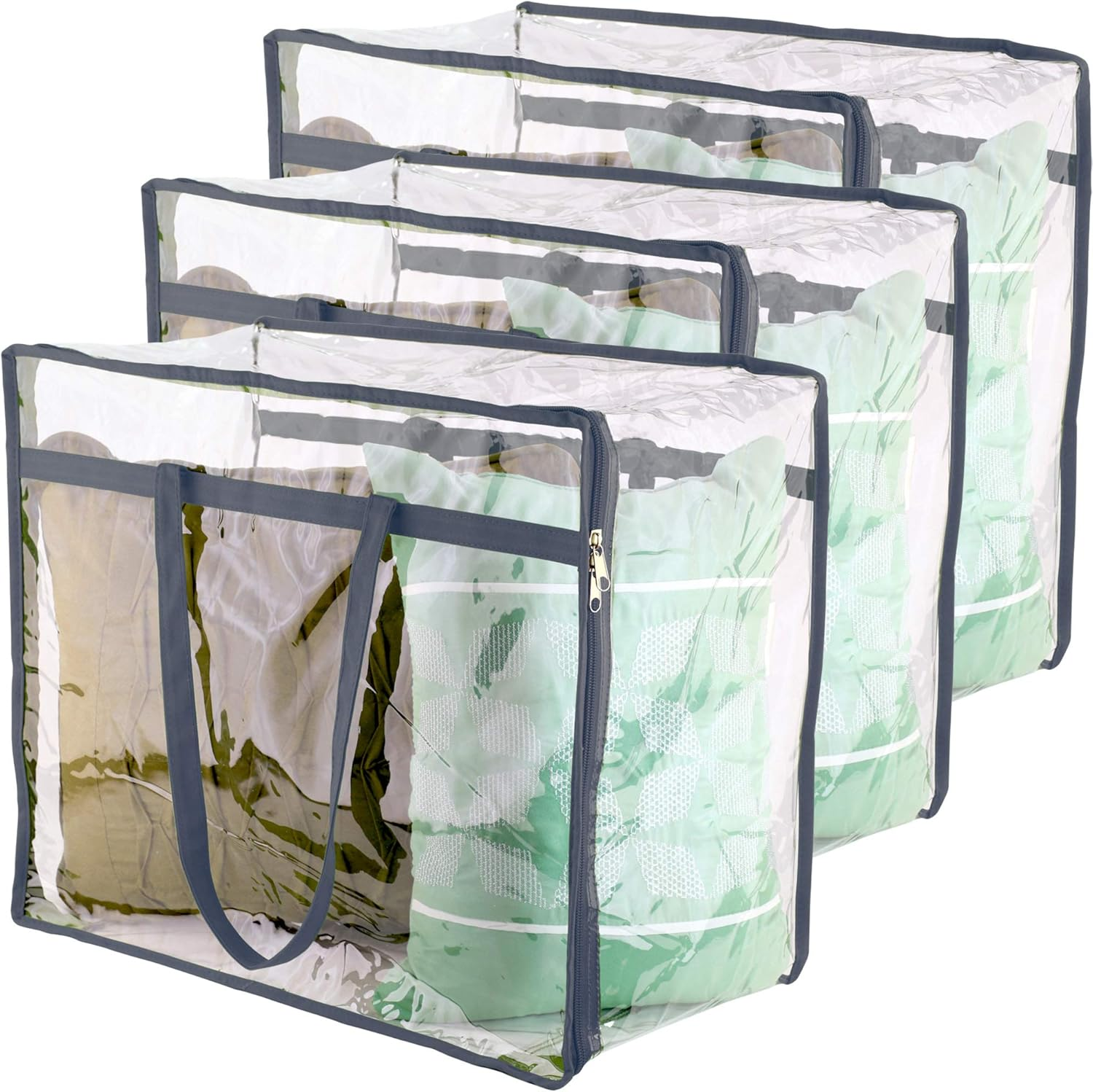 Clear Zippered Storage Bags (3-Pack) Closet Organizer Vinyl Bag for Bedding, Linen, Blankets, Duvet Covers, Comforters, Clothes & Toys | Multi Purpose & Space Saver PVC Organizers