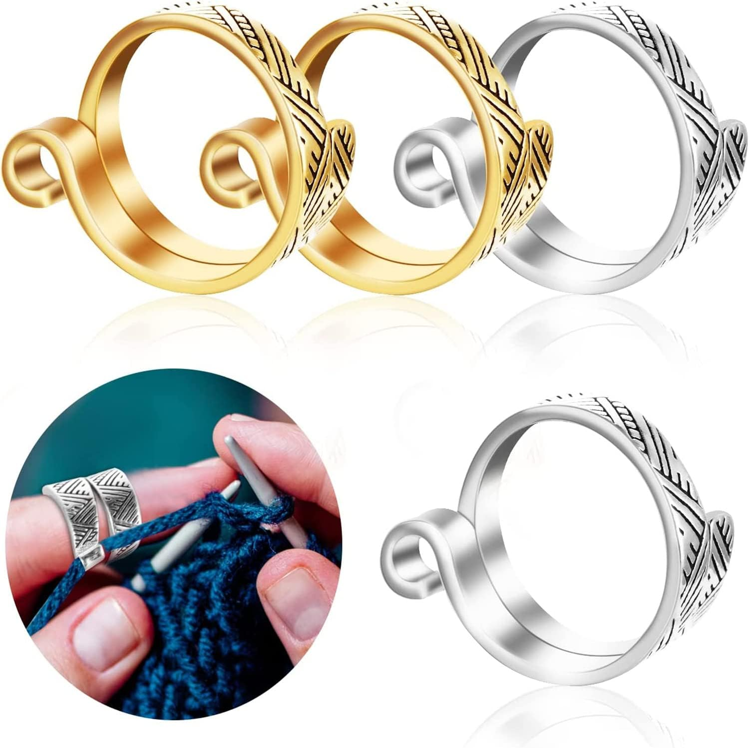 6 Pack Knitting Crochet Loop Ring, Adjustable Crochet Loop Ring Hook Braided Knitting Ring Yarn Guide Finger Holder Knitting Craft Accessories Tools for Mother Grandma Presents - 3 Gold & 3 Silver image number 5