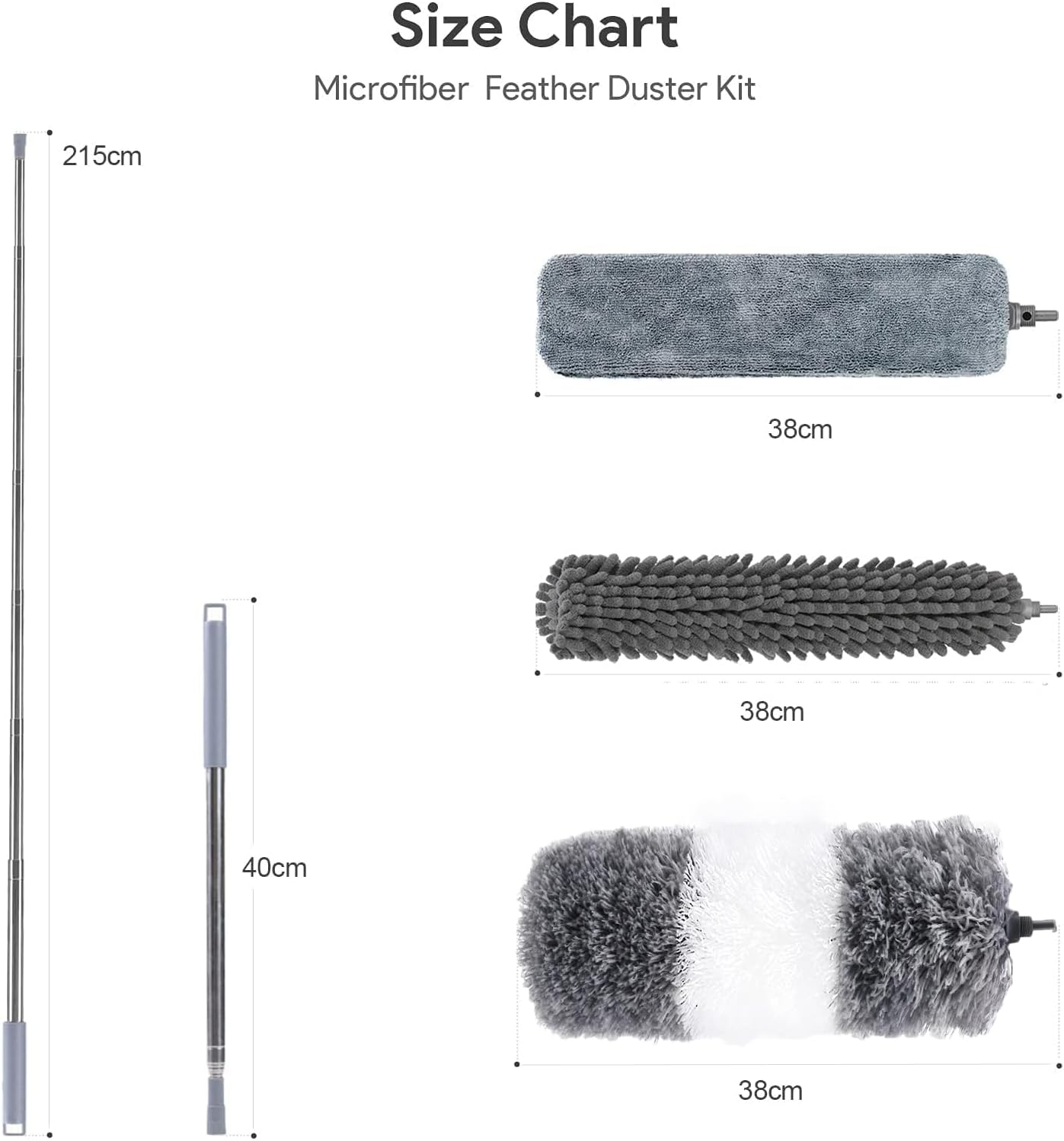 ZERIFAM Microfiber Duster Kit, 4 Pcs Microfiber Feather Duster with Extension Pole, Reusable Bendable Washable Dusters for Cleaning Ceiling Fan, High Ceiling, Blinds, Furniture, Cars (Grey/White)