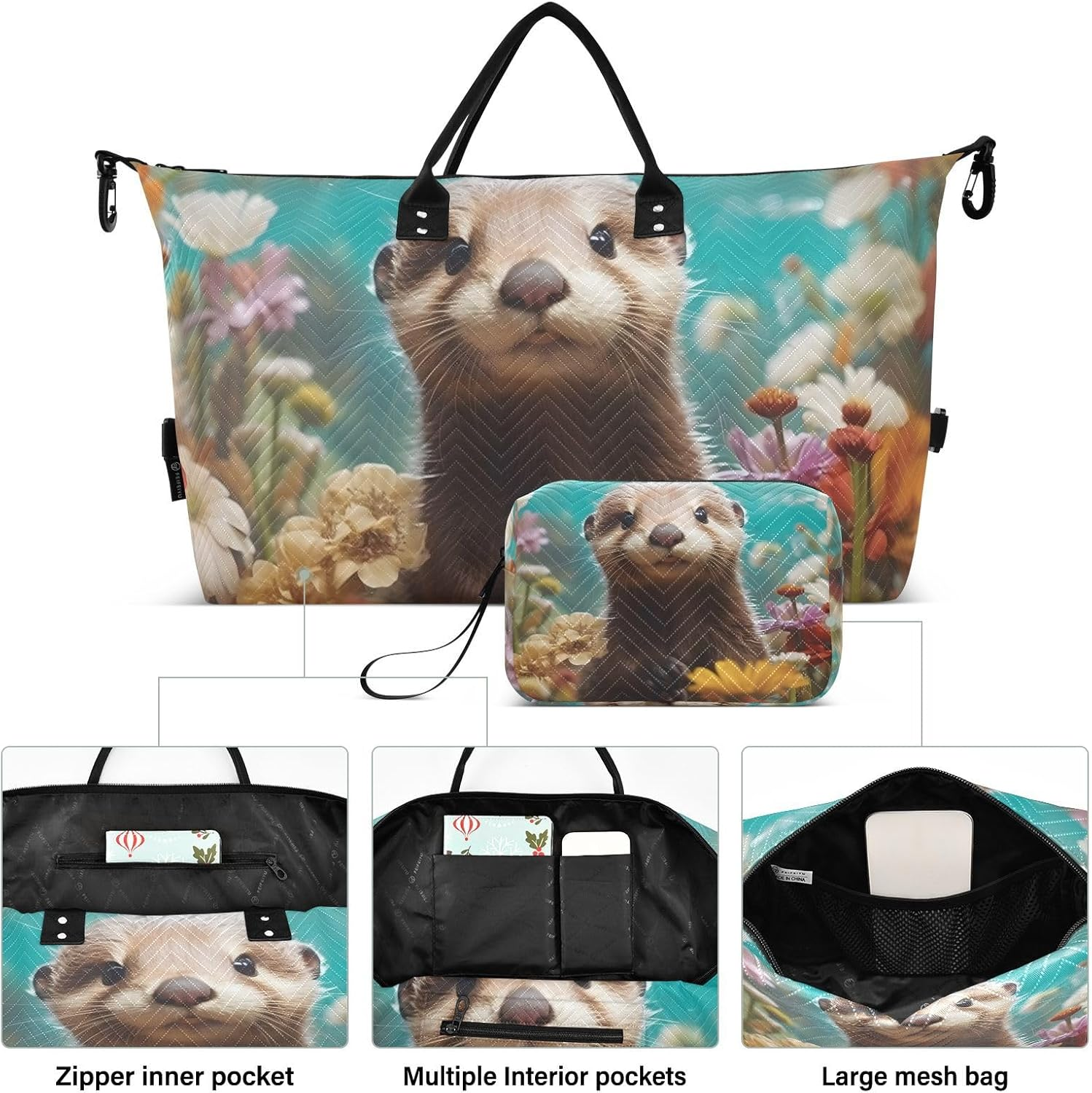 WOIWB Duffel Bag Set with Toiletry Bag for Travel Gym Sport, Luggage Sleeve Weekender Bag Carry on Overnight Bag-Watercolor Painting Otter Print, Multicolor, 20.5 X 7.9 X 13.8 Inches+9.1 X 3.5 X 5.9 image number 5