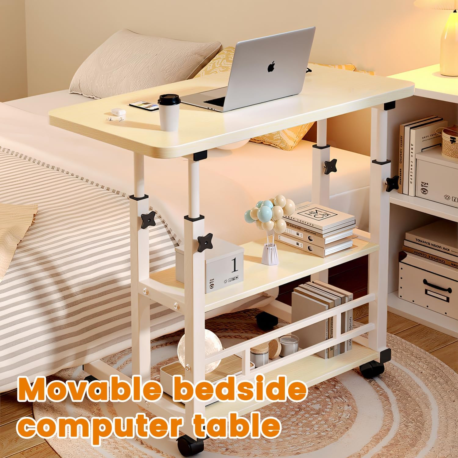 Height Adjustable Laptop Desk with Storage Shelf, Durable Computer Table with Rolling Wheel, Portable Side Table for Home Office Work Study Reading (Light Brown) image number 3