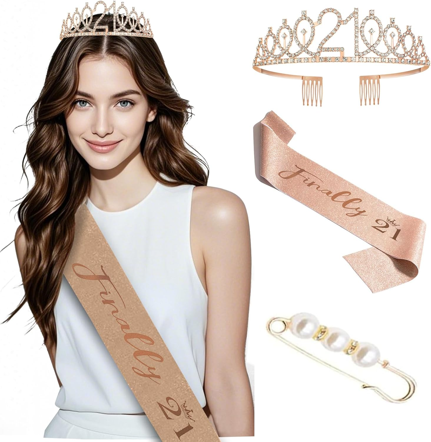 Happy 21St Birthday Decorations, 21St Birthday Tiara Crown, Birthday Cake Topper and Number 21 Candles, Birthday Sash, Rose Gold 21 Year Old Birthday Party Decorations for Women Gifts
