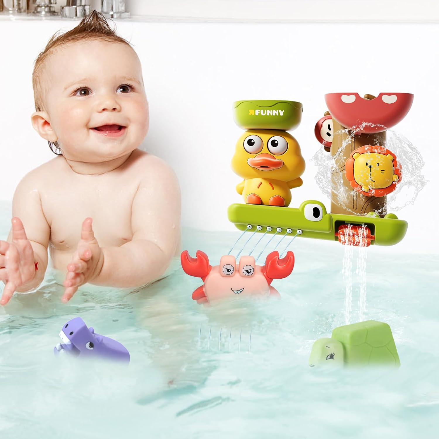 Bath Toys for Toddlers Age 1 2 3 Year Old Girl Boy, Preschool Kids Baby Bathtub Water Toys Cute Duck Design,3 Strong Suction Cups,Bath Wall Toy Waterfall Fill Spin and Flow Birthday Gift Ideas