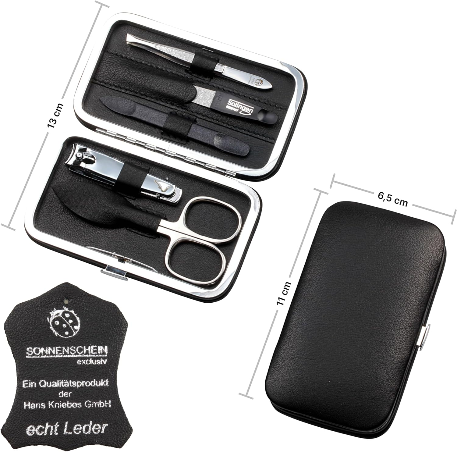 Sonnenschein by Hans Kniebes Manicure Set, 5 Pieces, Nail Scissors, Nail Clippers, Nail File, Tweezers, Double Instrument, Nappa Lambskin Manicure Case, Black image number 2
